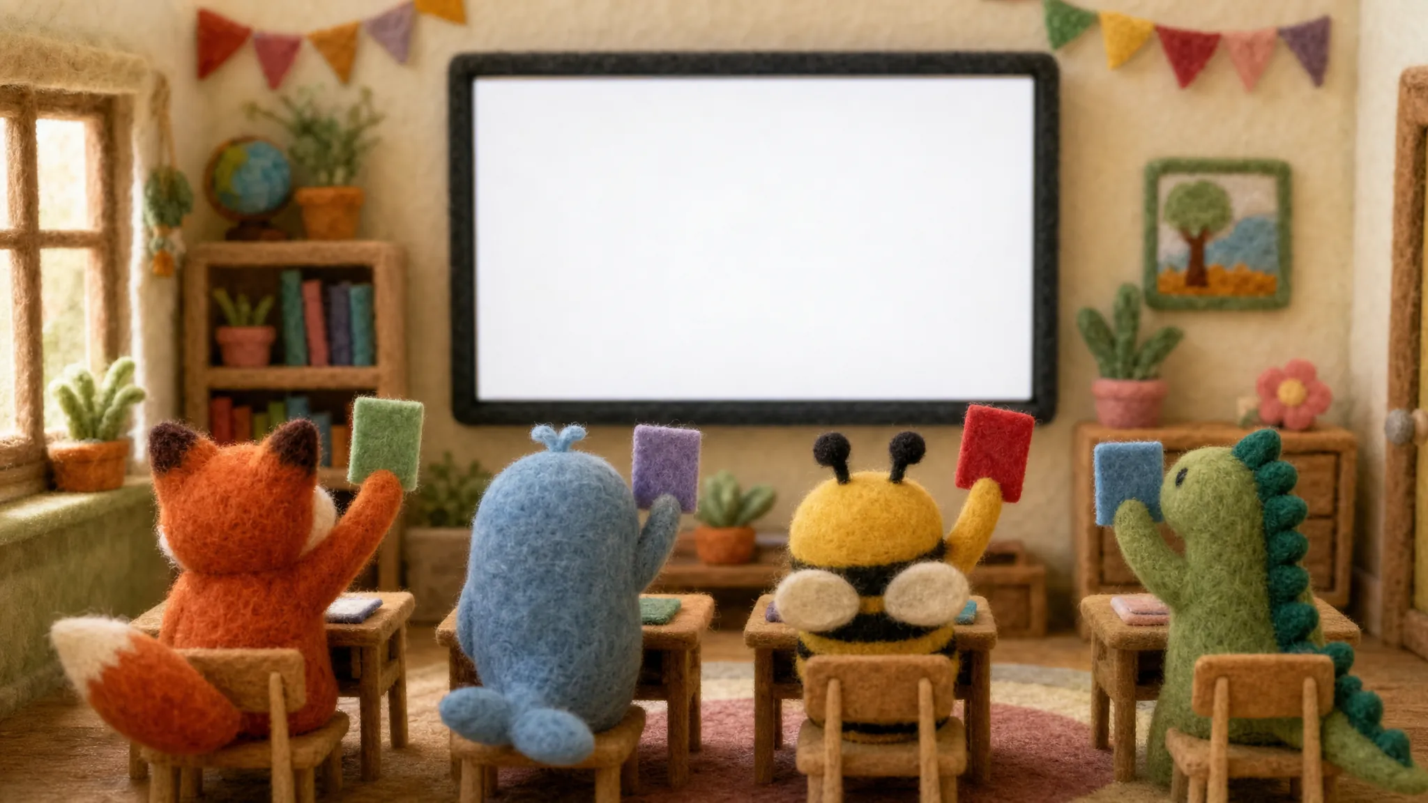 A tiny wool classroom: a fox, a whale, a bee and a dinosaur hold up coloured cards in front of the whiteboard.
