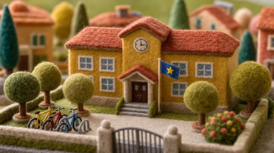 A small wool school with a playground and trees.