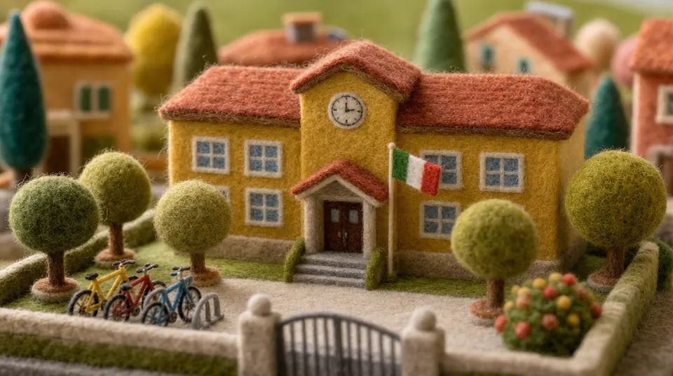 Una piccola scuola di lana con un cortile e gli alberi.